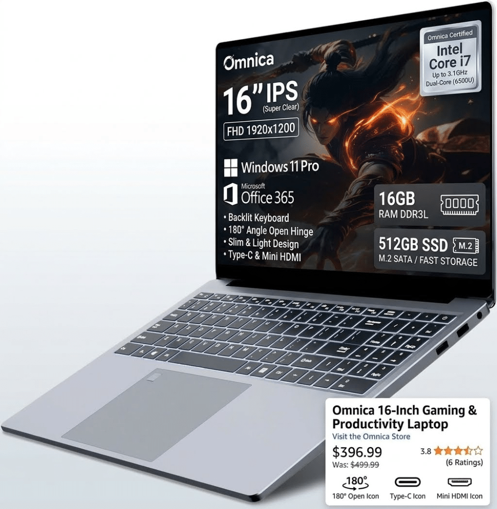Promotional image of an OMNICA 16-inch laptop with Core i7, FHD 1920 × 1200 display, 16GB RAM and 512GB SSD.
