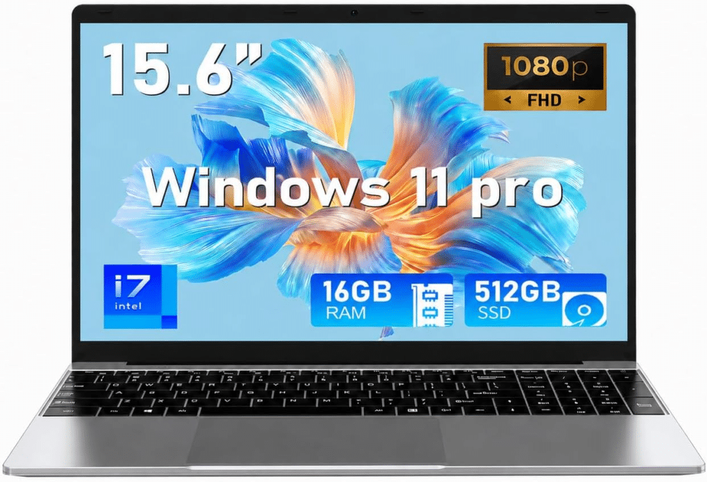 Promotional image of a NIAKUN 15.6-inch laptop with Intel Core i7, 16GB RAM and 512GB SSD.