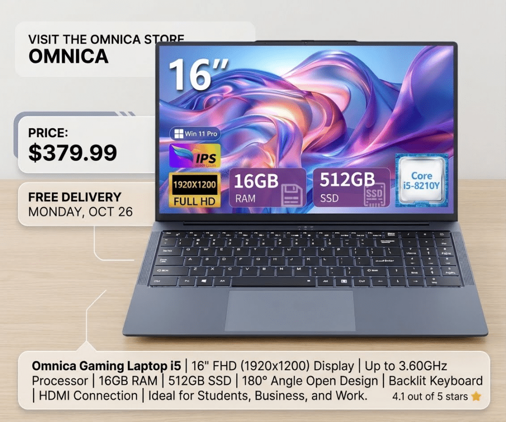 Gaming Laptop i5, 16-inch Laptop Computer, 16GB RAM, 512GB SSD, FHD 1920x1200