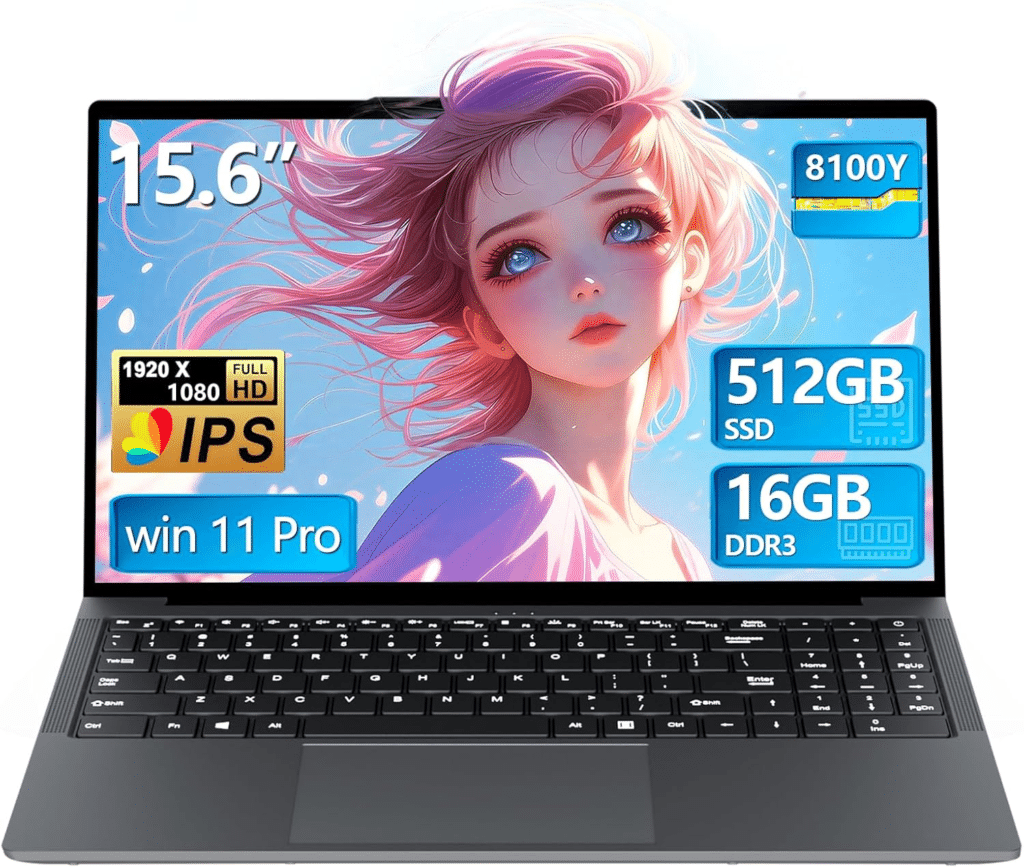 Promotional image of a 15.6-inch laptop with 16GB RAM and 512GB SSD.